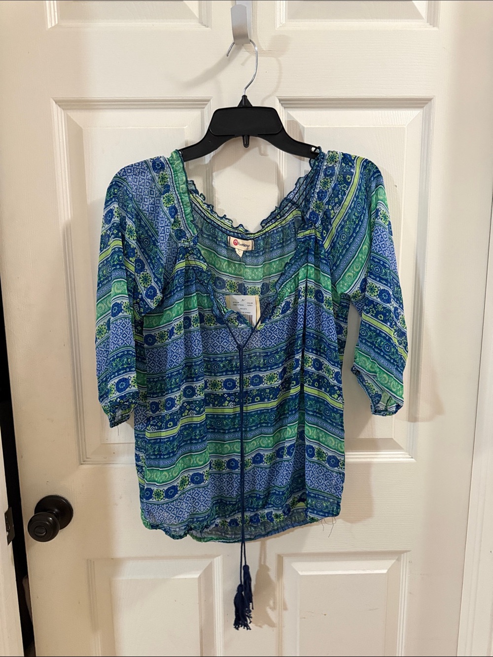 Olsenboye Sheer Blue and Green Printed Peasant Blouse